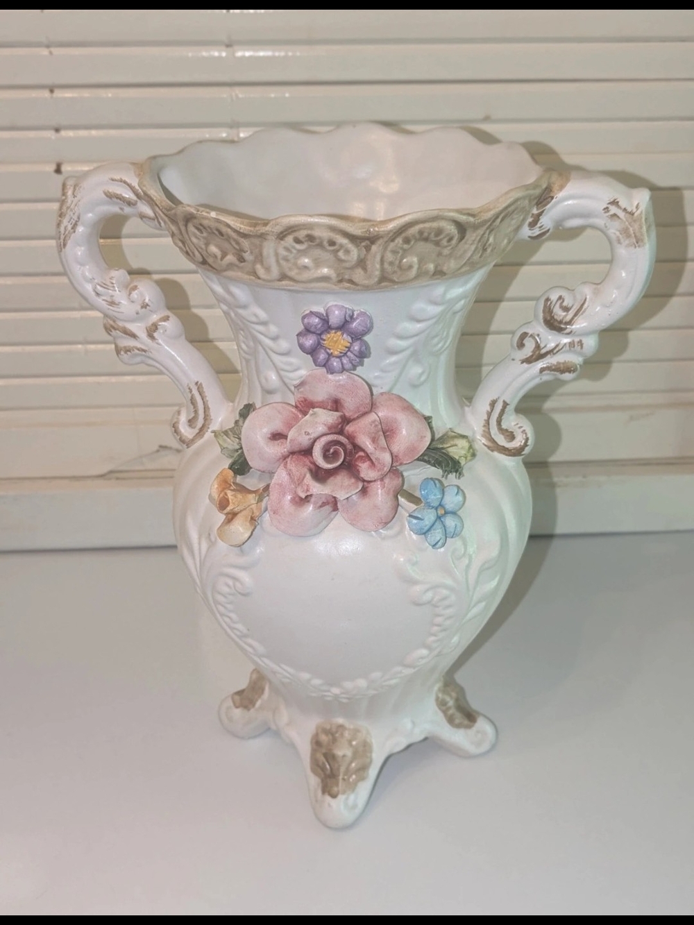 Capodimonte White Floral Embossed Two-Handle Decorative Vase